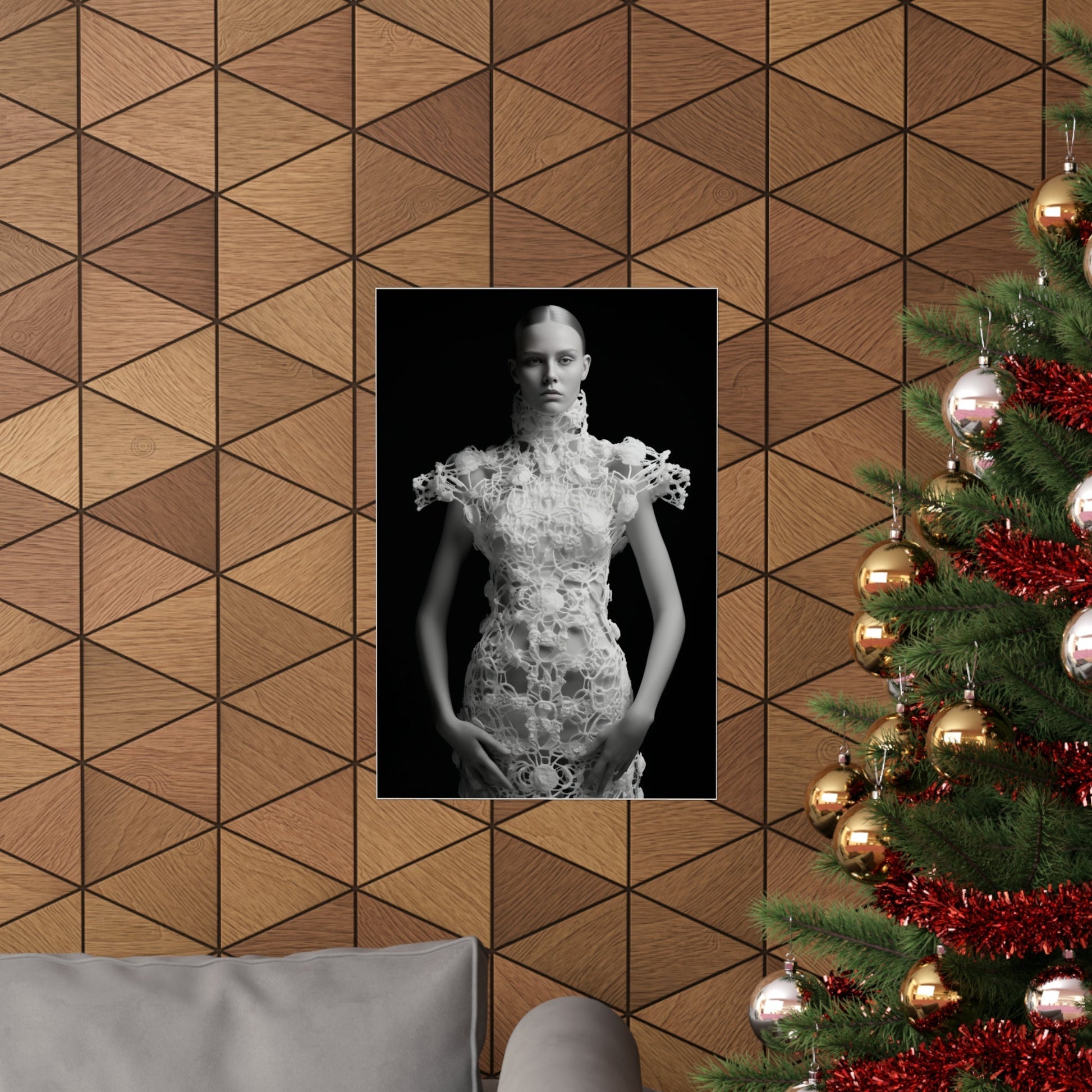 A christmas tree with a picture of a woman in a dress