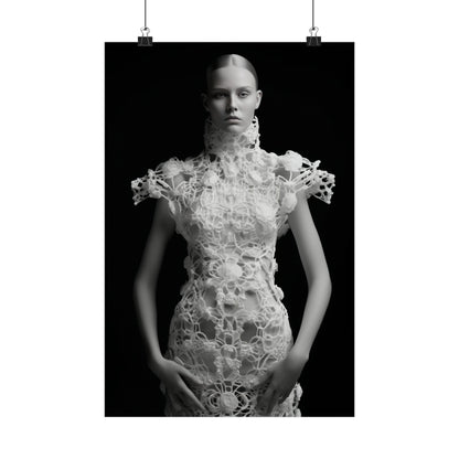 Intricate white lace dress with high collar and floral patterns.