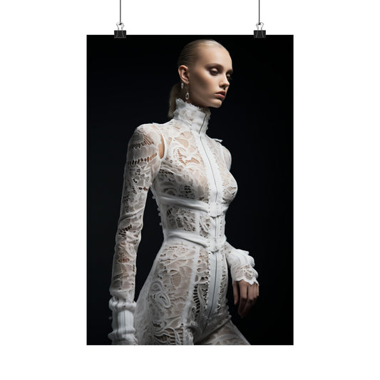 Intricate white lace bodysuit with high neck and long sleeves worn by a model.