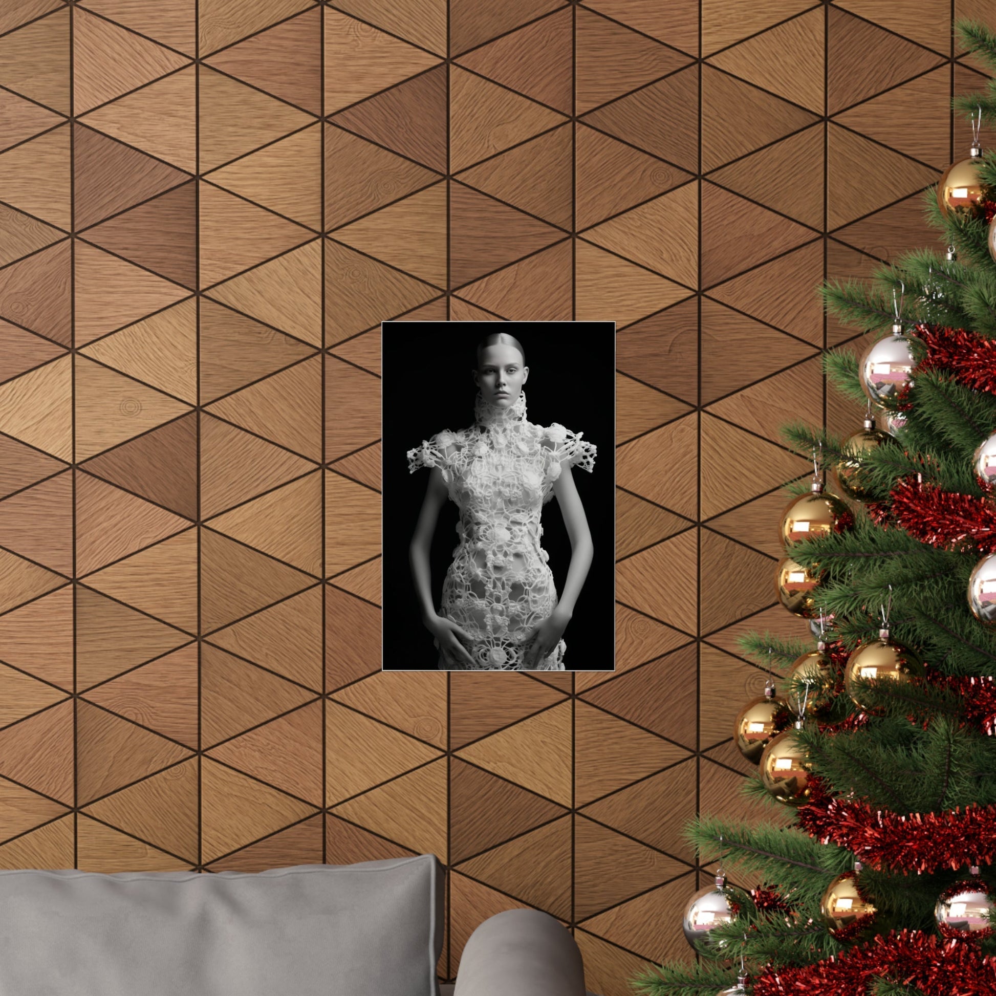 A christmas tree with a picture of a woman in a dress