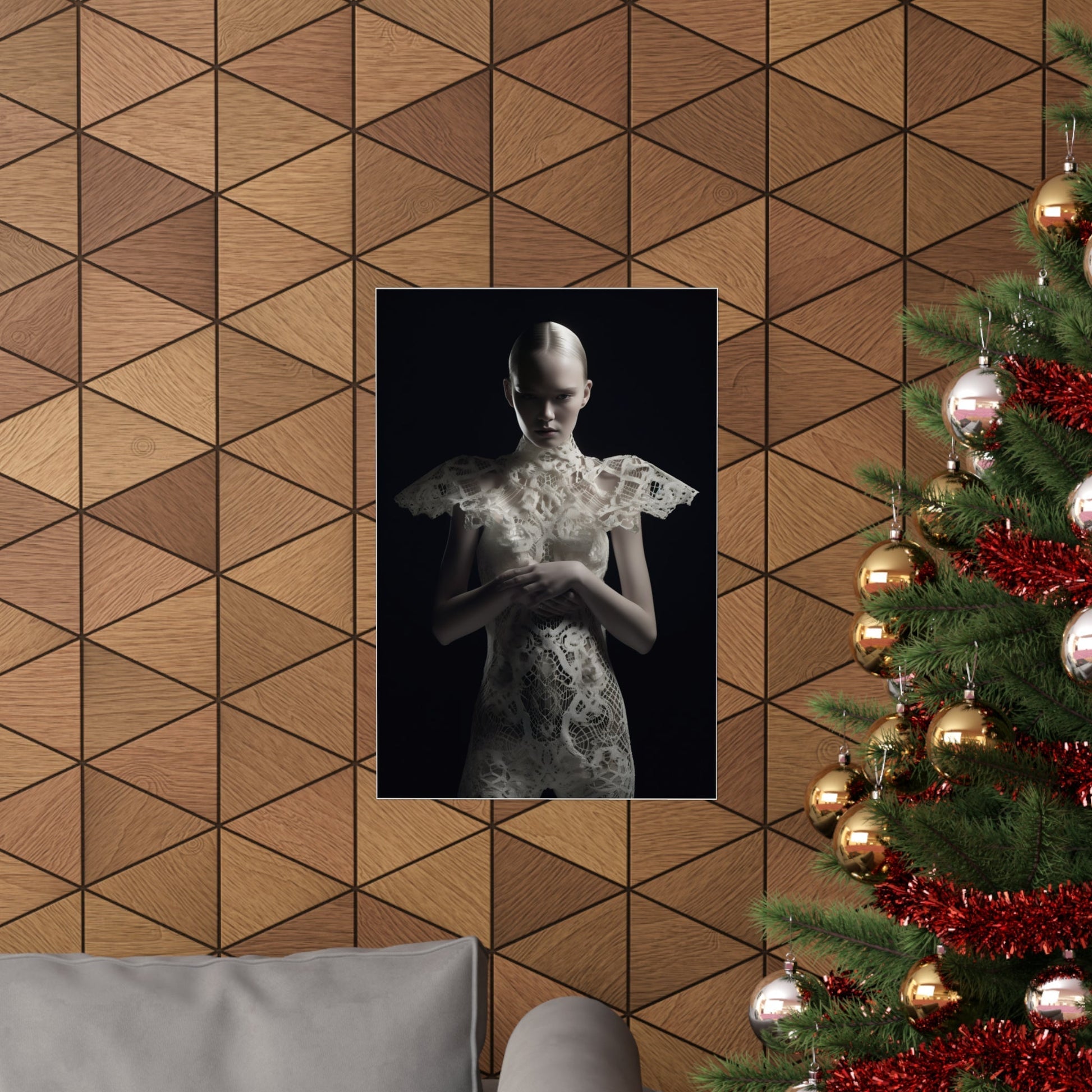 A christmas tree with a picture of a woman