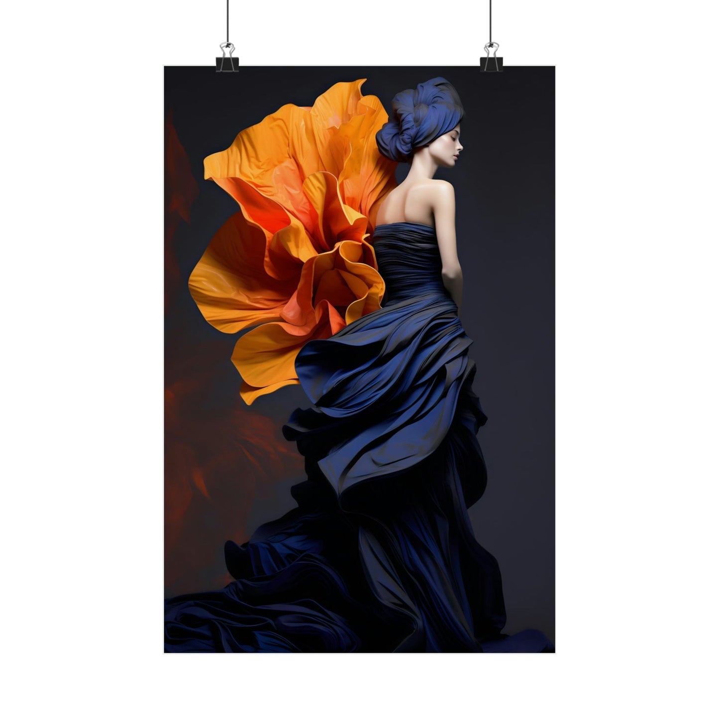 Woman in a flowing blue dress with an oversized orange flower emerging from her back.