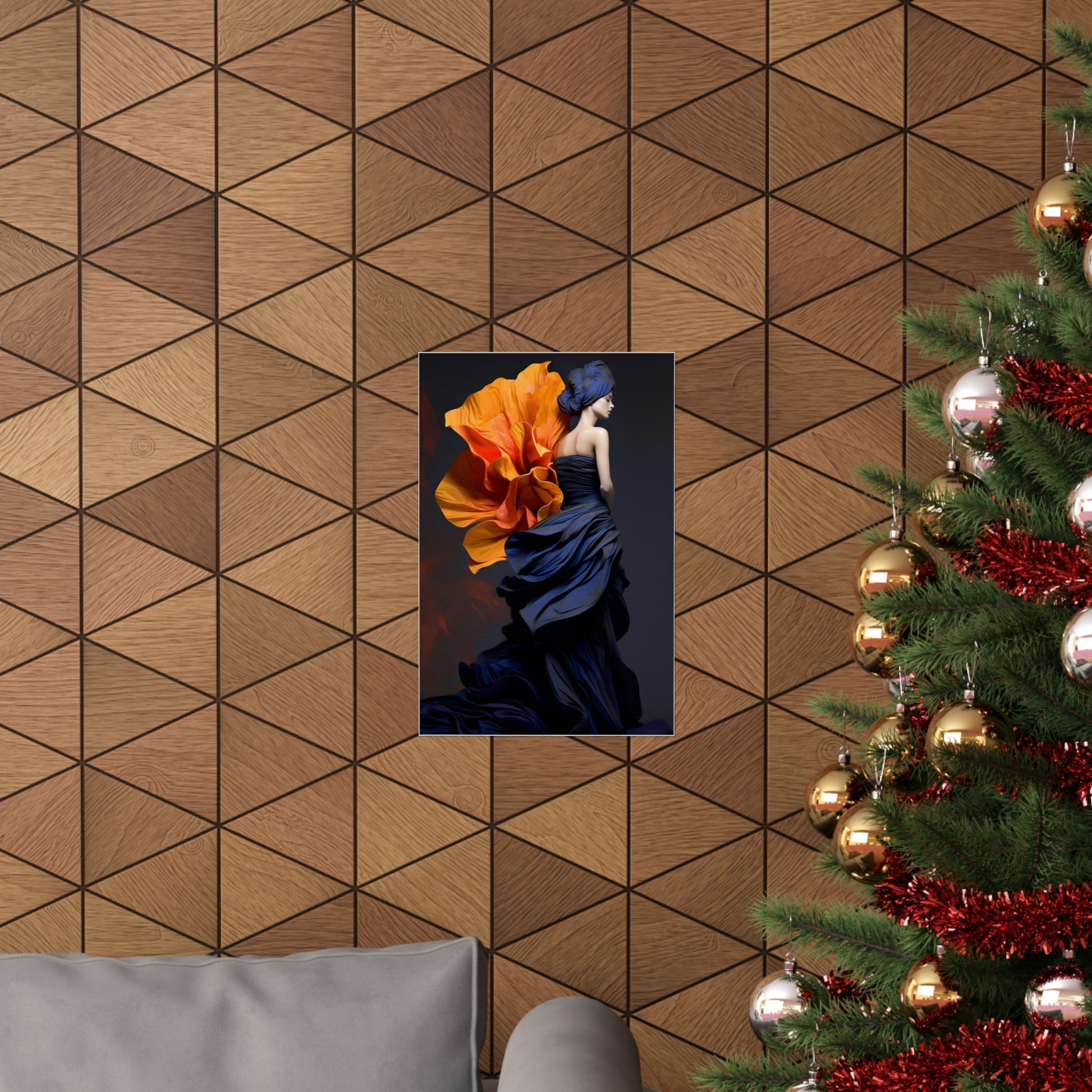 A christmas tree with a picture of a woman in a blue dress