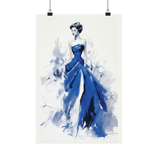 Elegant woman in a flowing blue evening gown.