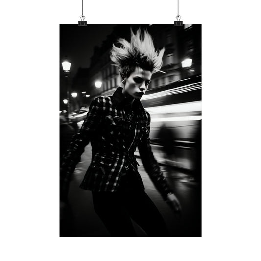 Punk-styled person with a dramatic mohawk hairstyle walking on a city street at night.