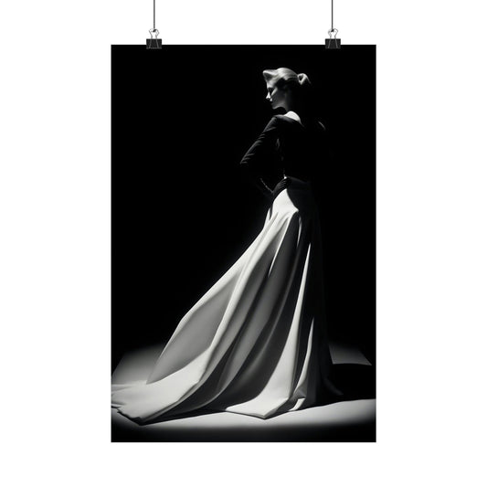 Elegant black and white photograph of a woman in a flowing, floor-length gown with a dramatic silhouette.