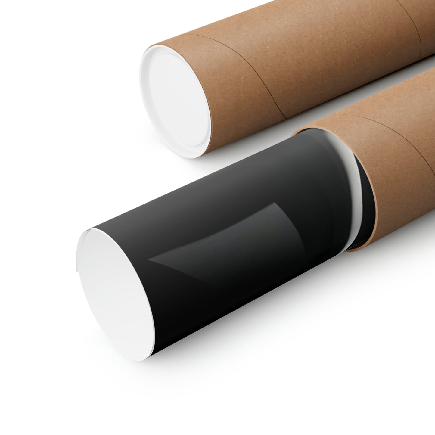 Cylindrical tubes or rolls with brown exteriors and white ends, one partially covered in black.