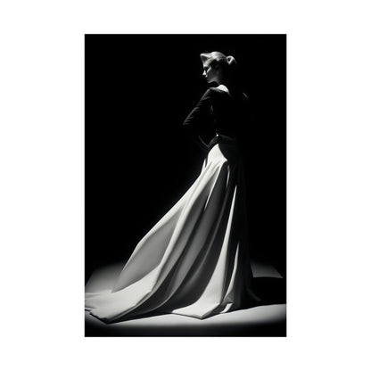 Elegant woman in a flowing white gown with a dramatic silhouette against a dark background.