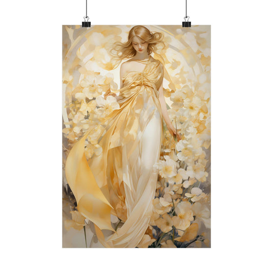 Ethereal painting of a woman in a flowing golden dress surrounded by soft, abstract floral elements.