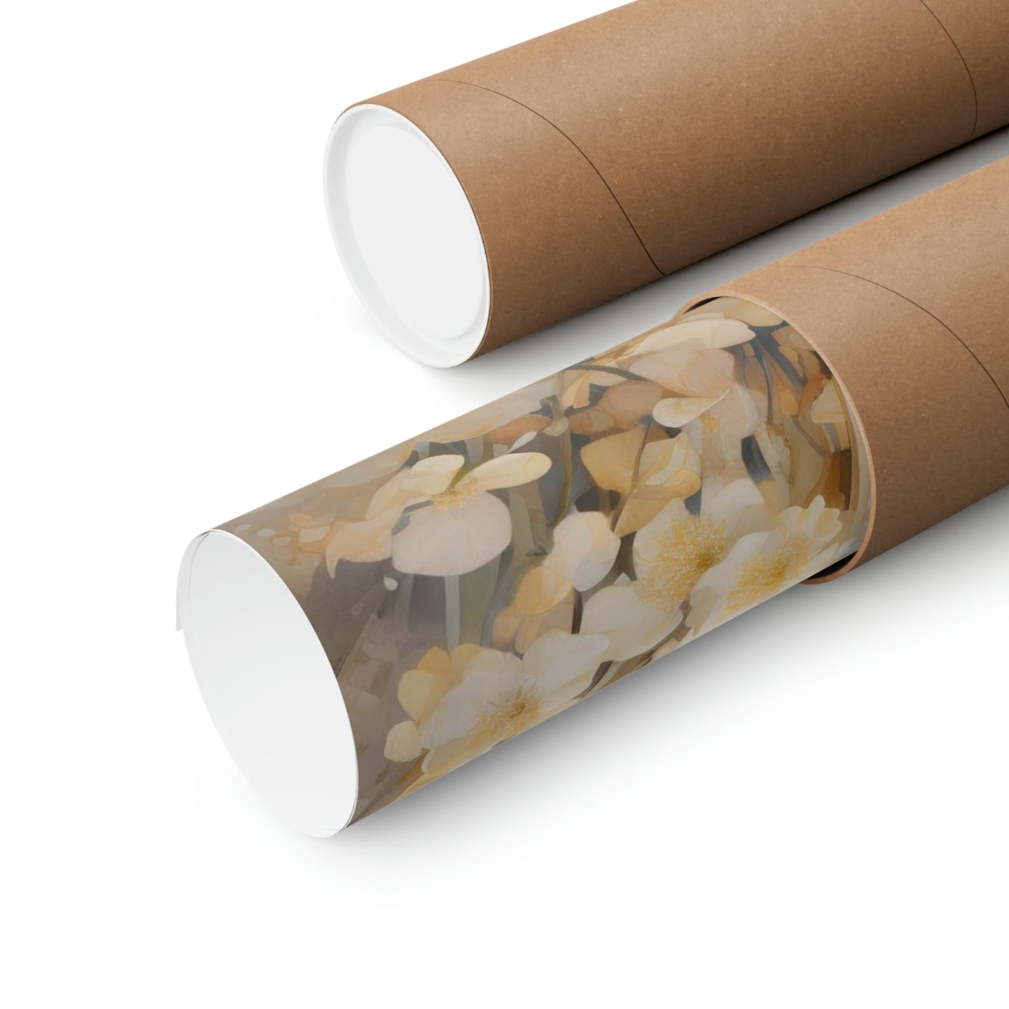 Two rolls of brown paper with white flowers on them