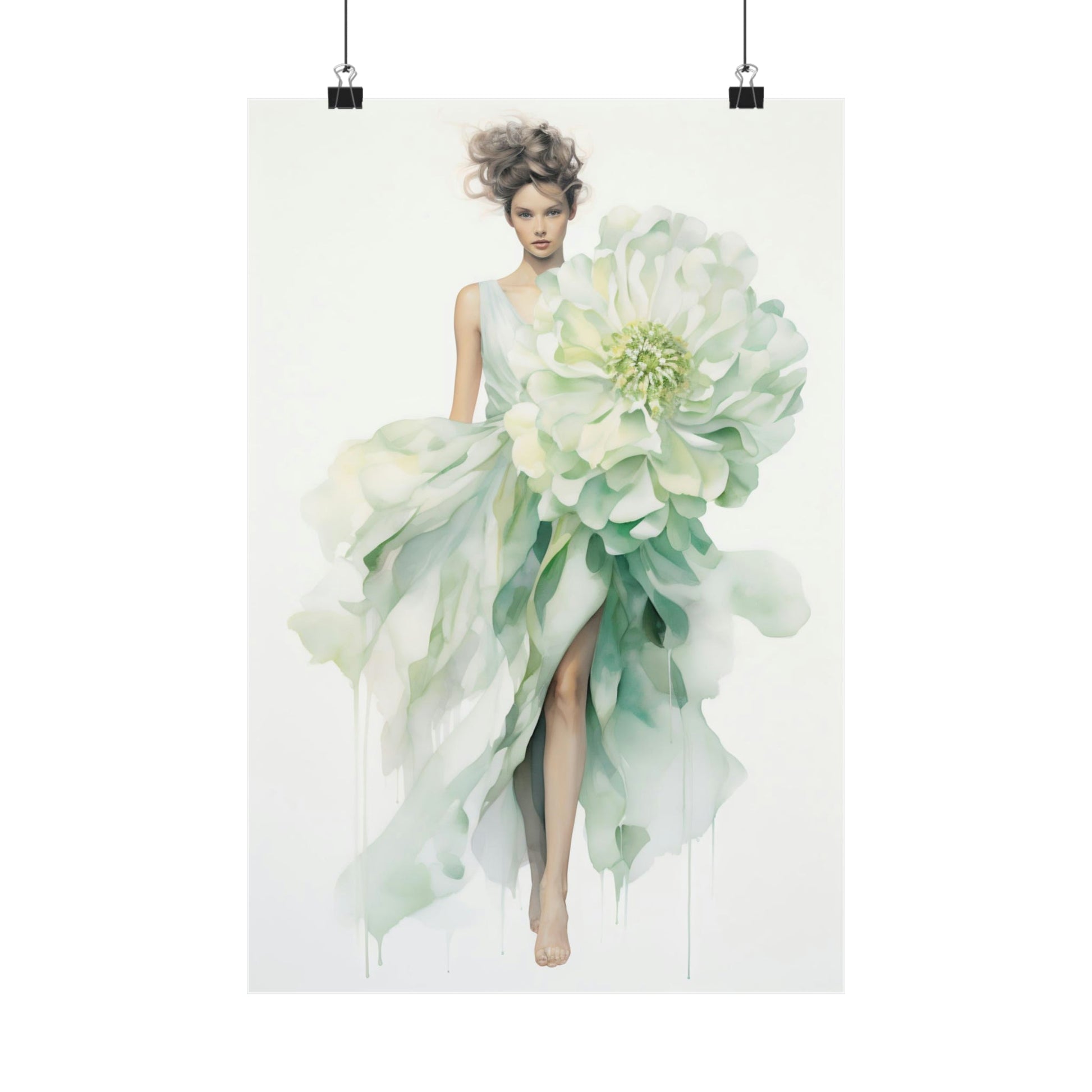 Woman wearing an ethereal gown resembling a giant pale green flower.