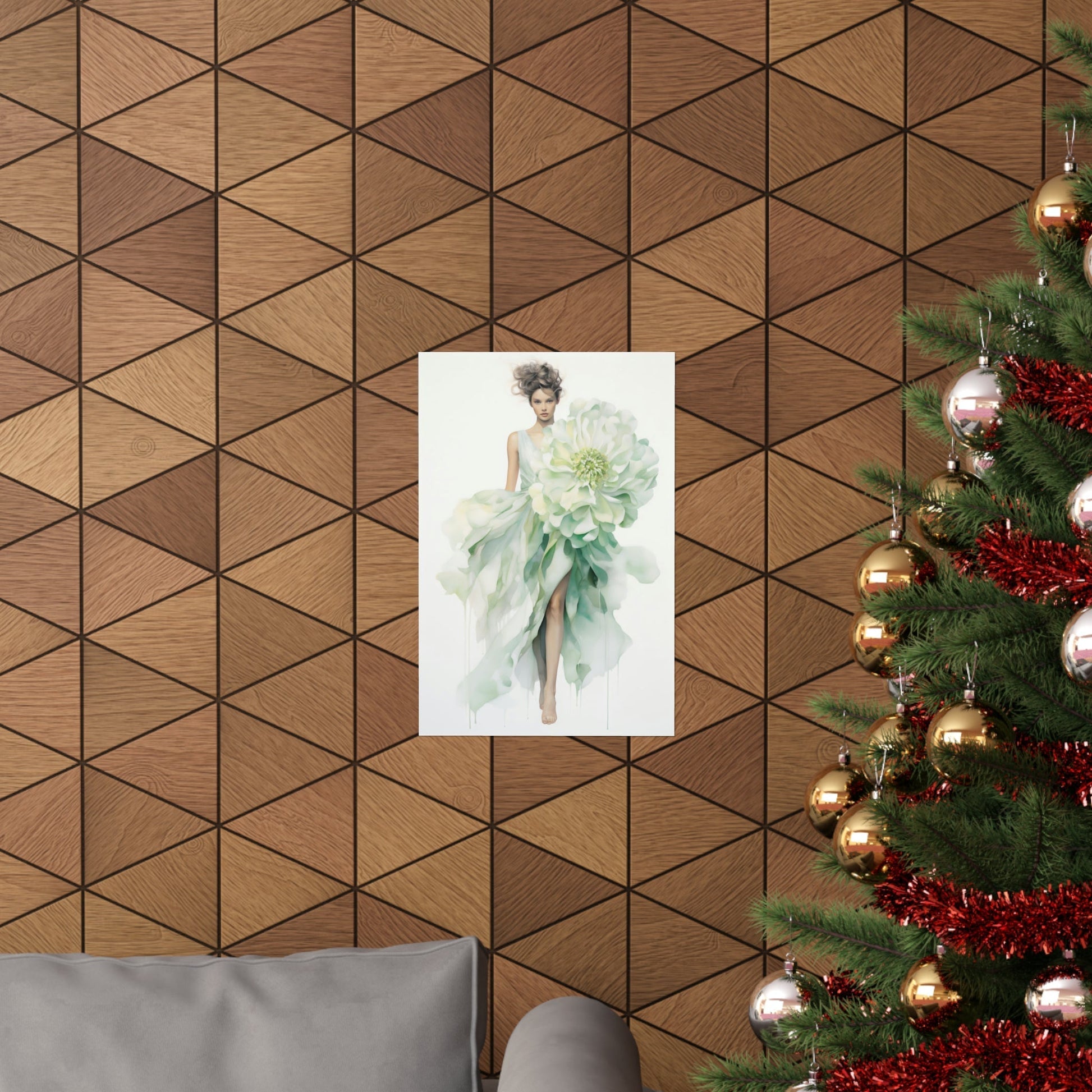 A christmas tree with a picture of a woman in a green dress