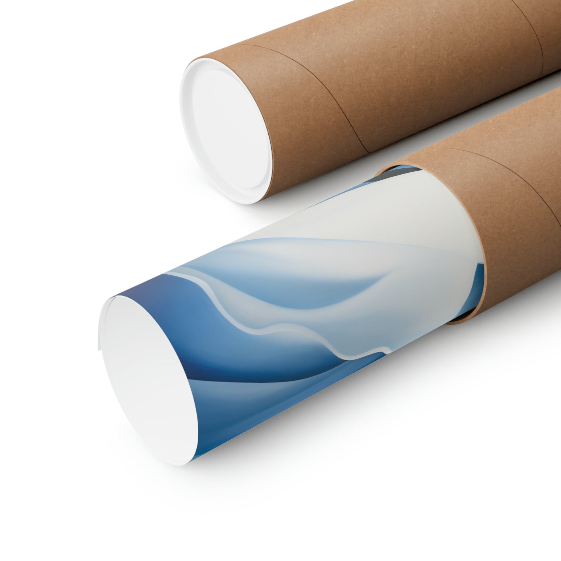 Two rolls of brown paper with blue swirl on them