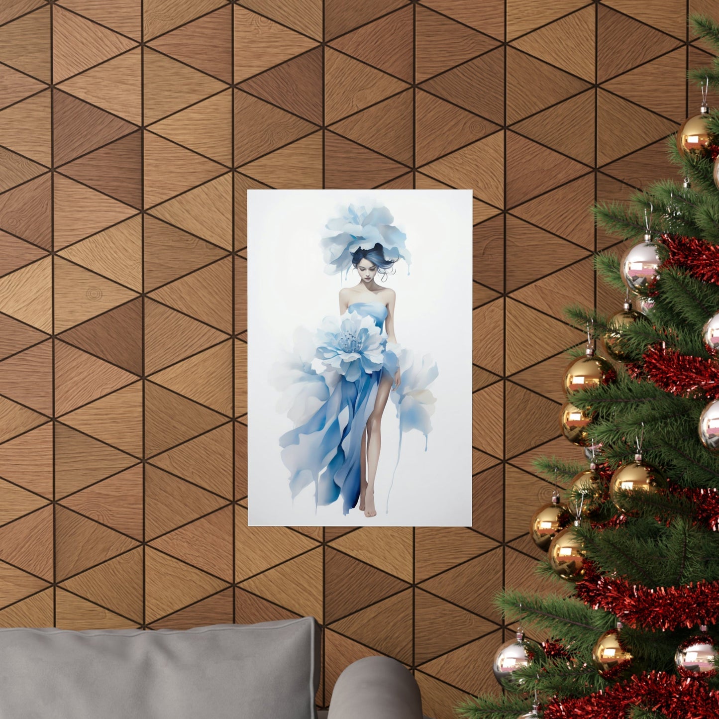 A christmas tree with a blue dress and hat