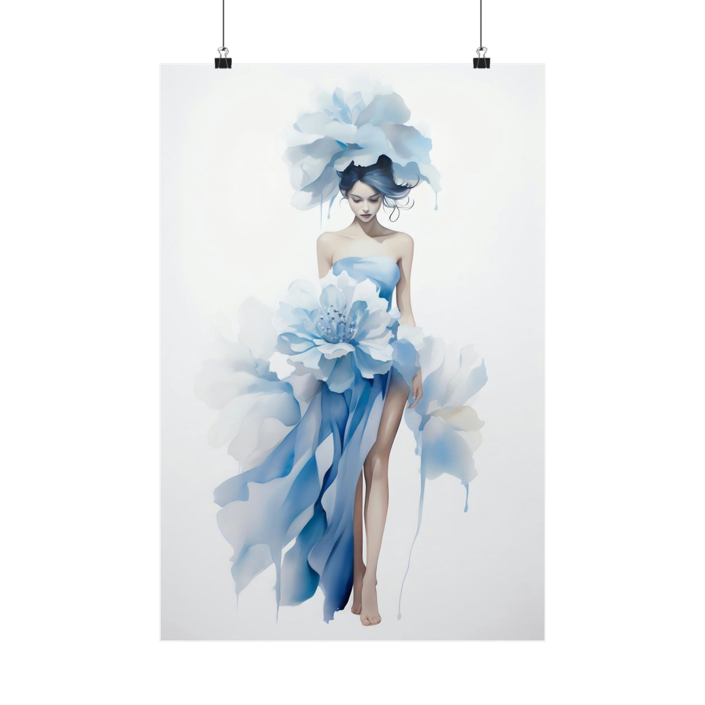 A poster with a woman in a blue dress and hat