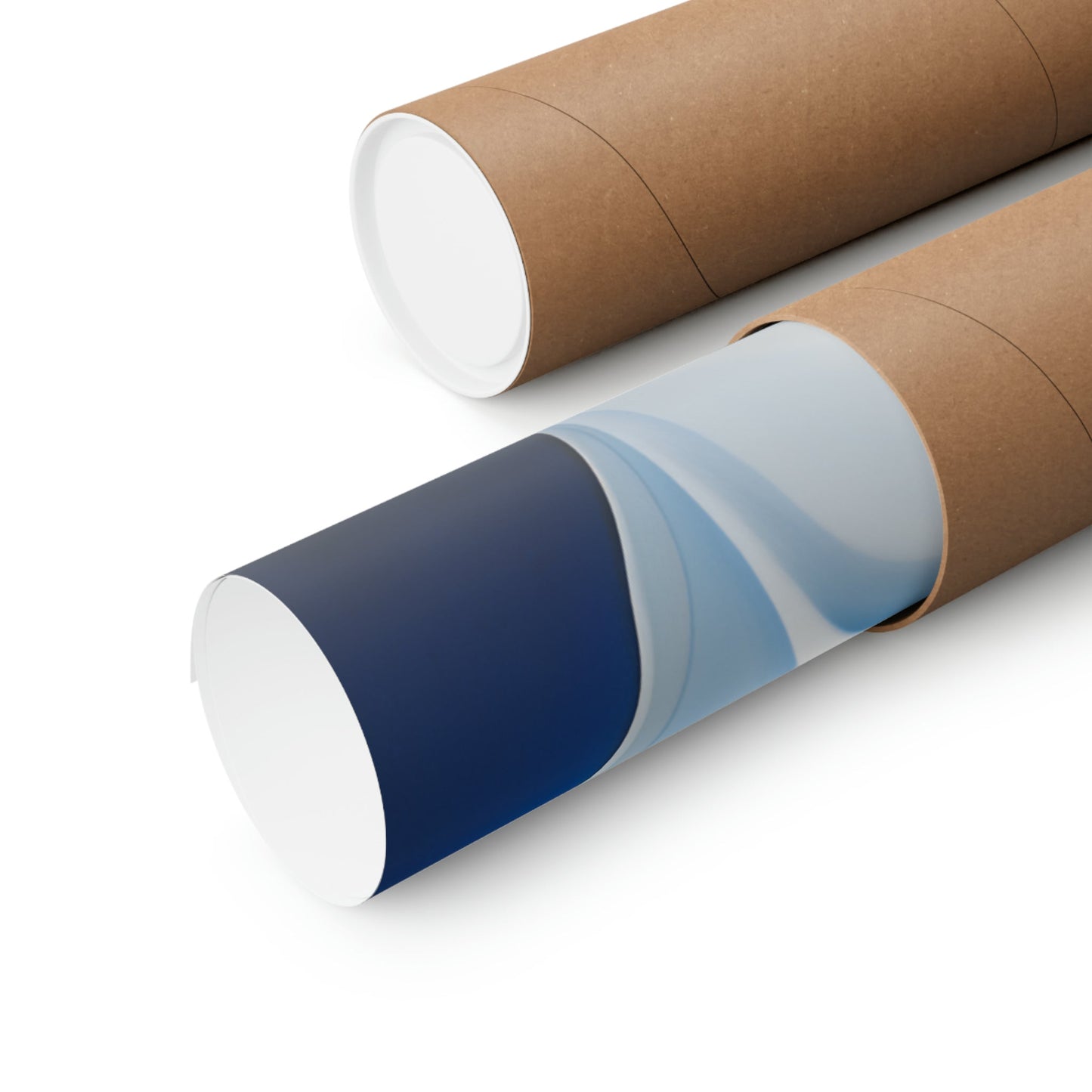 Two rolls of brown paper with blue and white