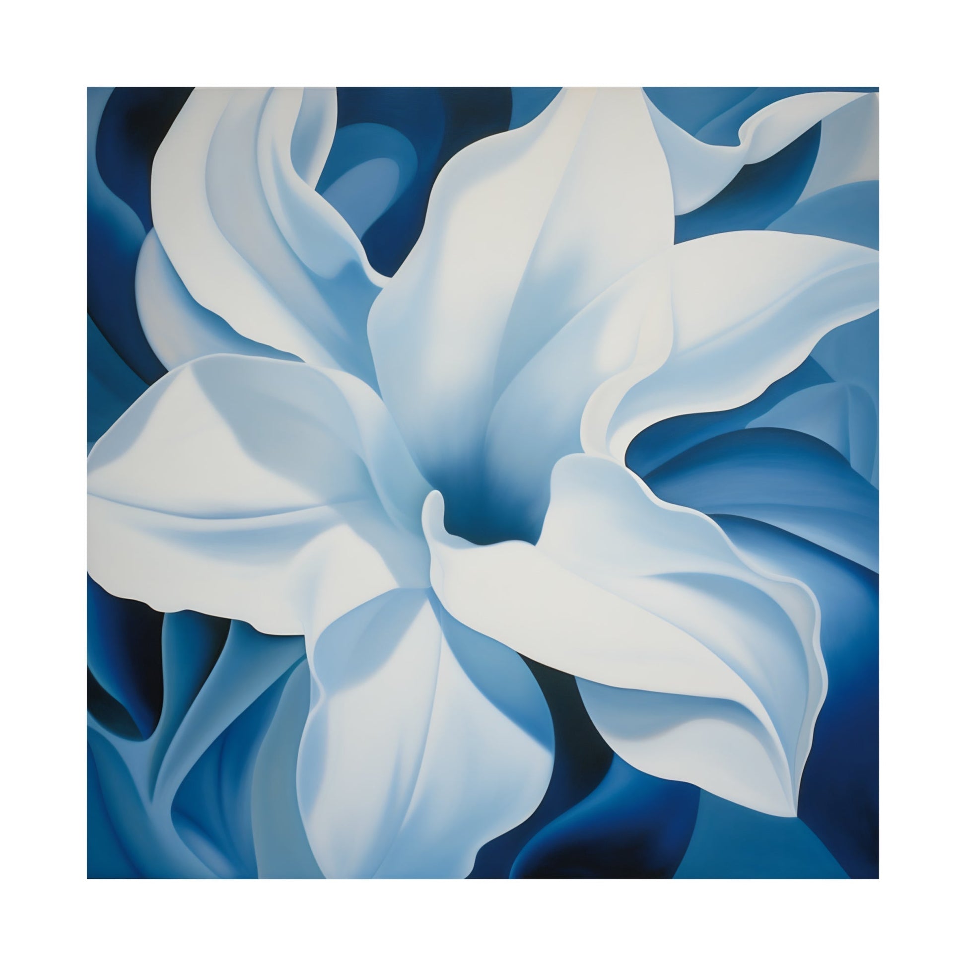 A painting of a white flower on a blue background