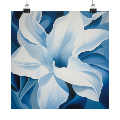 A blue and white flower on a white background