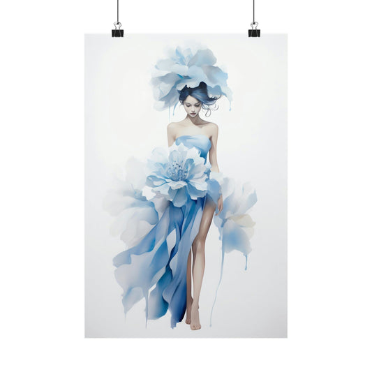 Watercolor painting of a woman in a flowing blue floral dress.