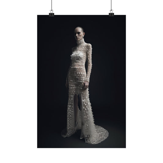 Elegant white lace gown with long sleeves and a high neckline worn by a woman posing dramatically.