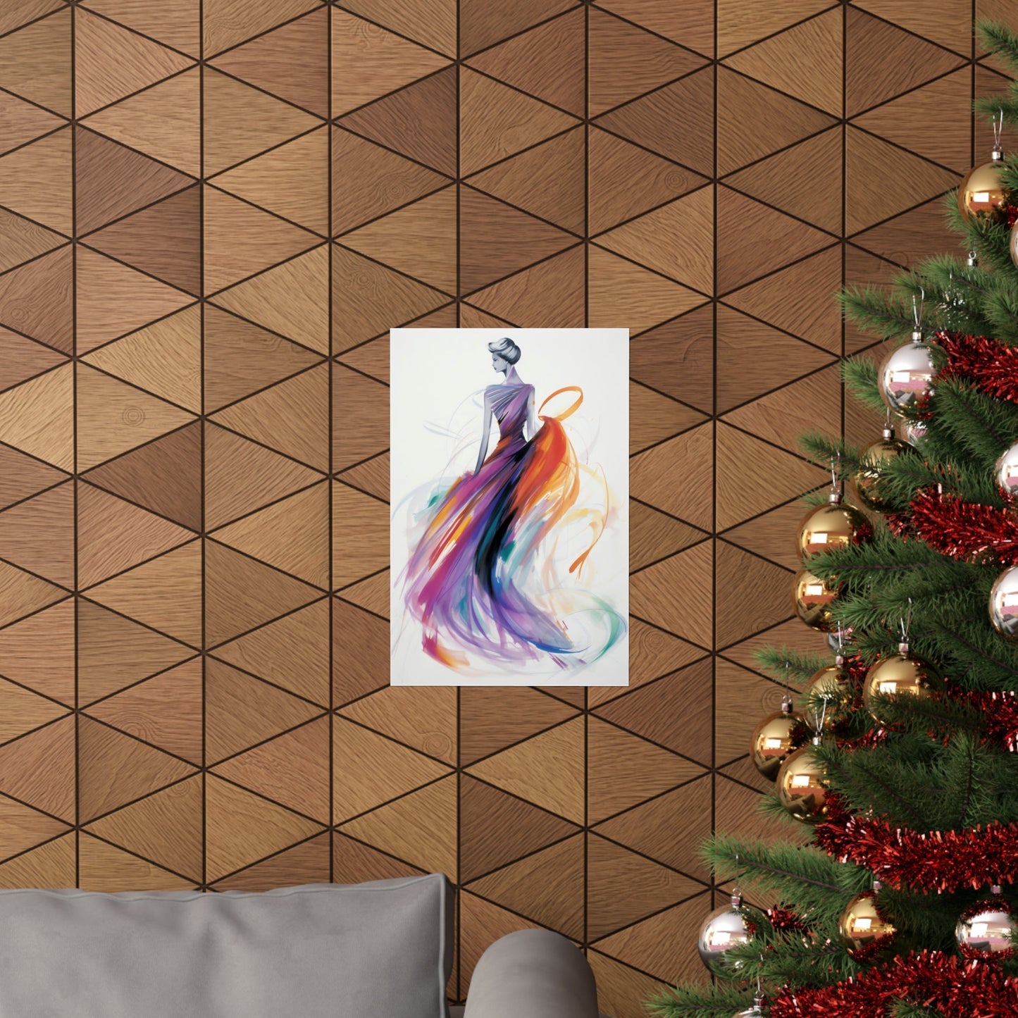 A christmas tree with a painting of a woman