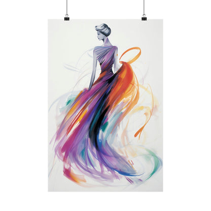 A poster with a woman in a colorful dress