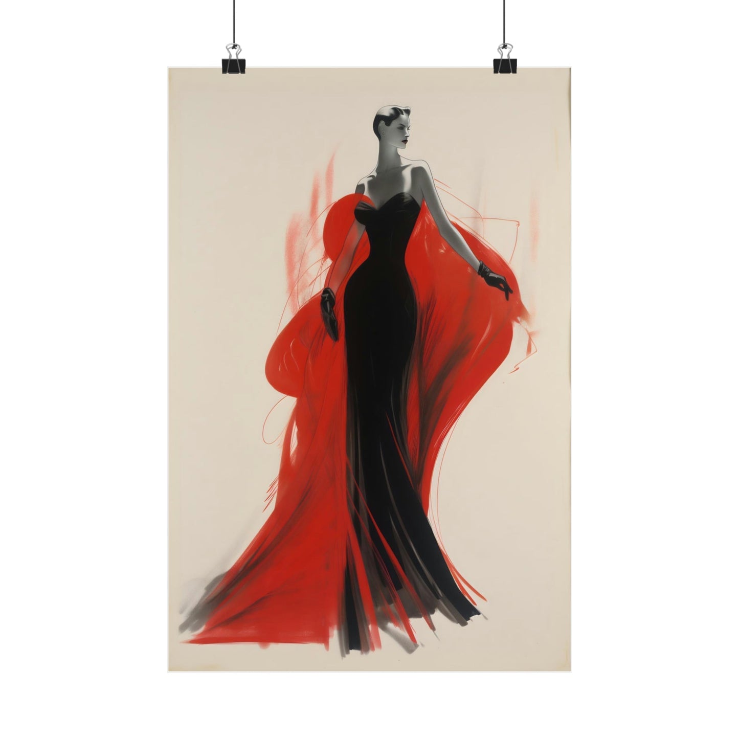 Stylized fashion illustration of a figure in a black gown with flowing red fabric.