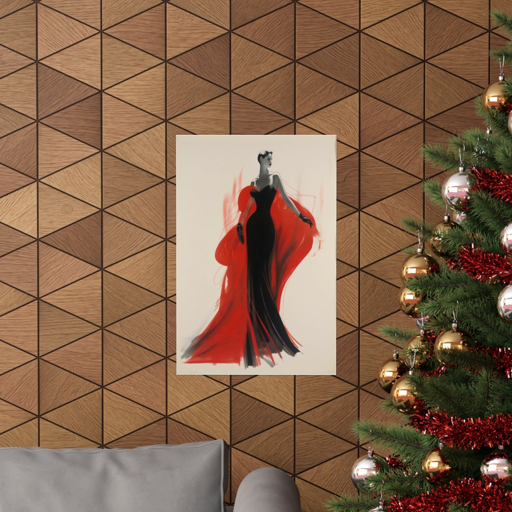 A christmas tree with a red dress hanging on it