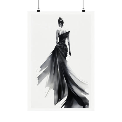 A black and white poster with a woman in a long dress