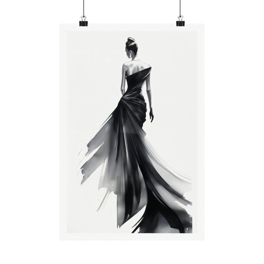 Elegant black and white fashion illustration of a woman in a flowing evening gown.