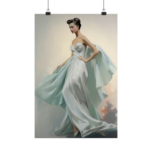 Elegant strapless gown with flowing pale blue fabric and dramatic cape-like draping.