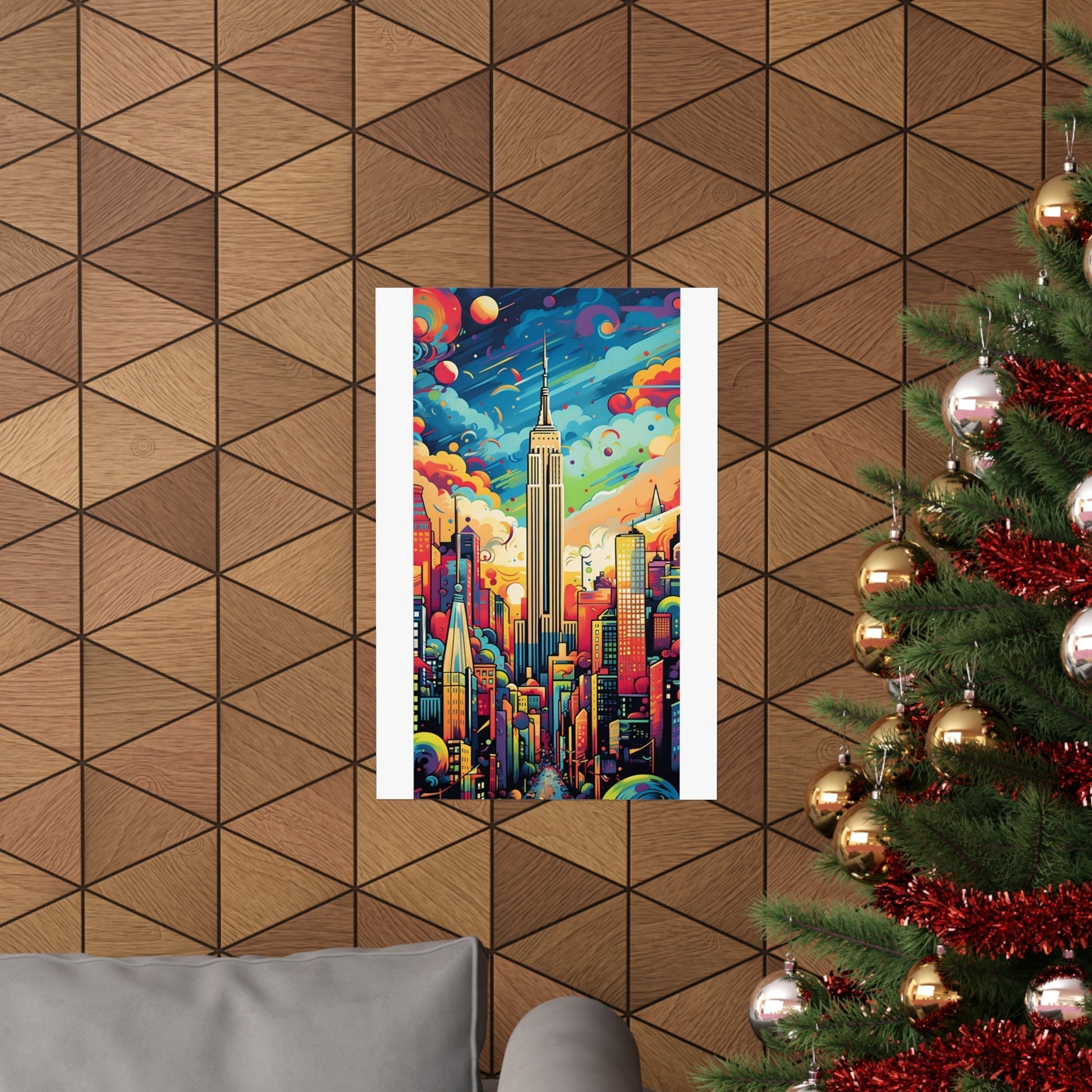 Colorful abstract painting of a city skyline featuring the Empire State Building.