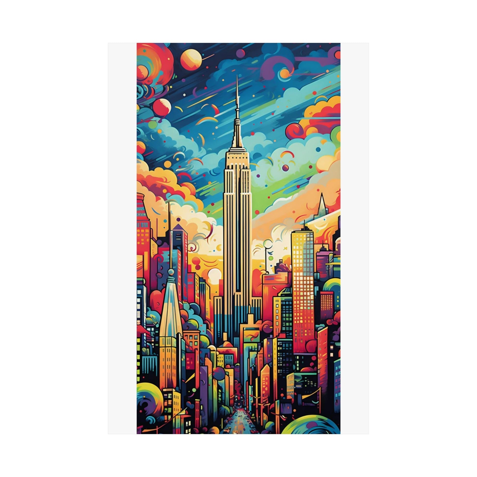 Colorful, stylized painting of the Empire State Building and New York City skyline.