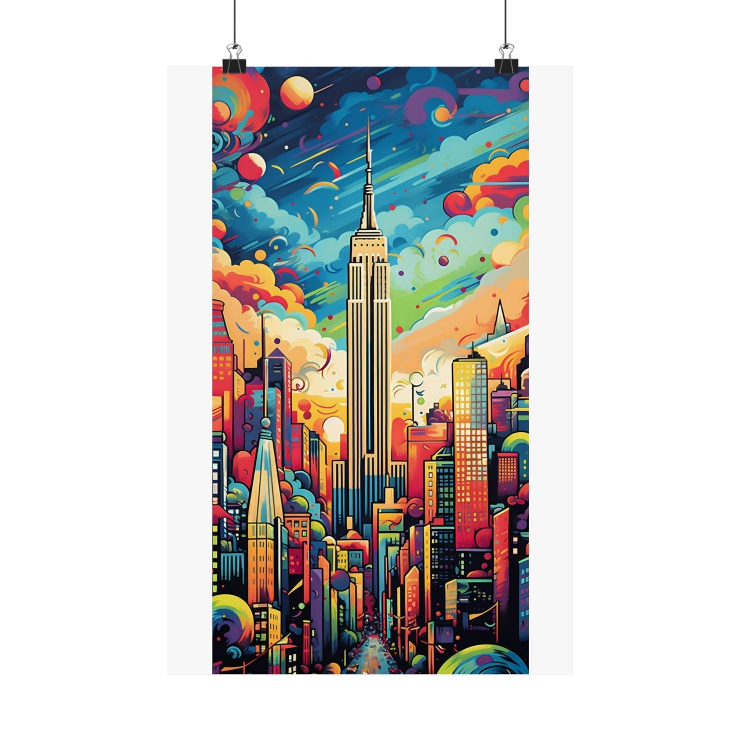 Colorful, psychedelic-style painting of the New York City skyline featuring the Empire State Building.