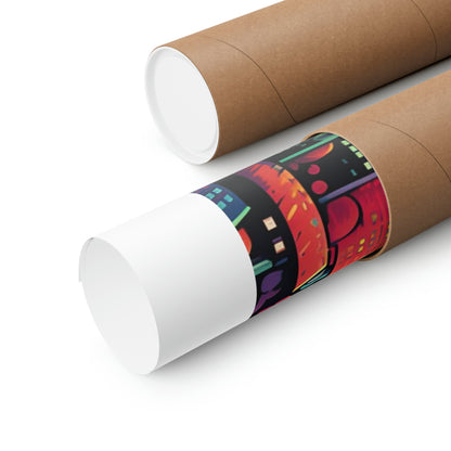 Cardboard mailing tubes, one with a colorful printed label wrapped around it.