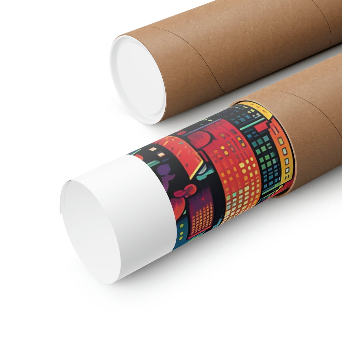 Cardboard mailing tubes, one plain and one with colorful abstract design.