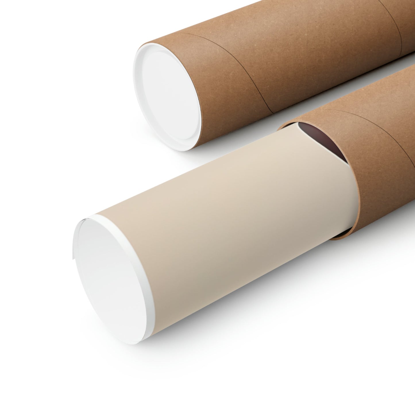 Two rolls of brown paper on white background