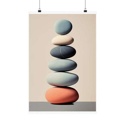 A poster with a stack of stones on it