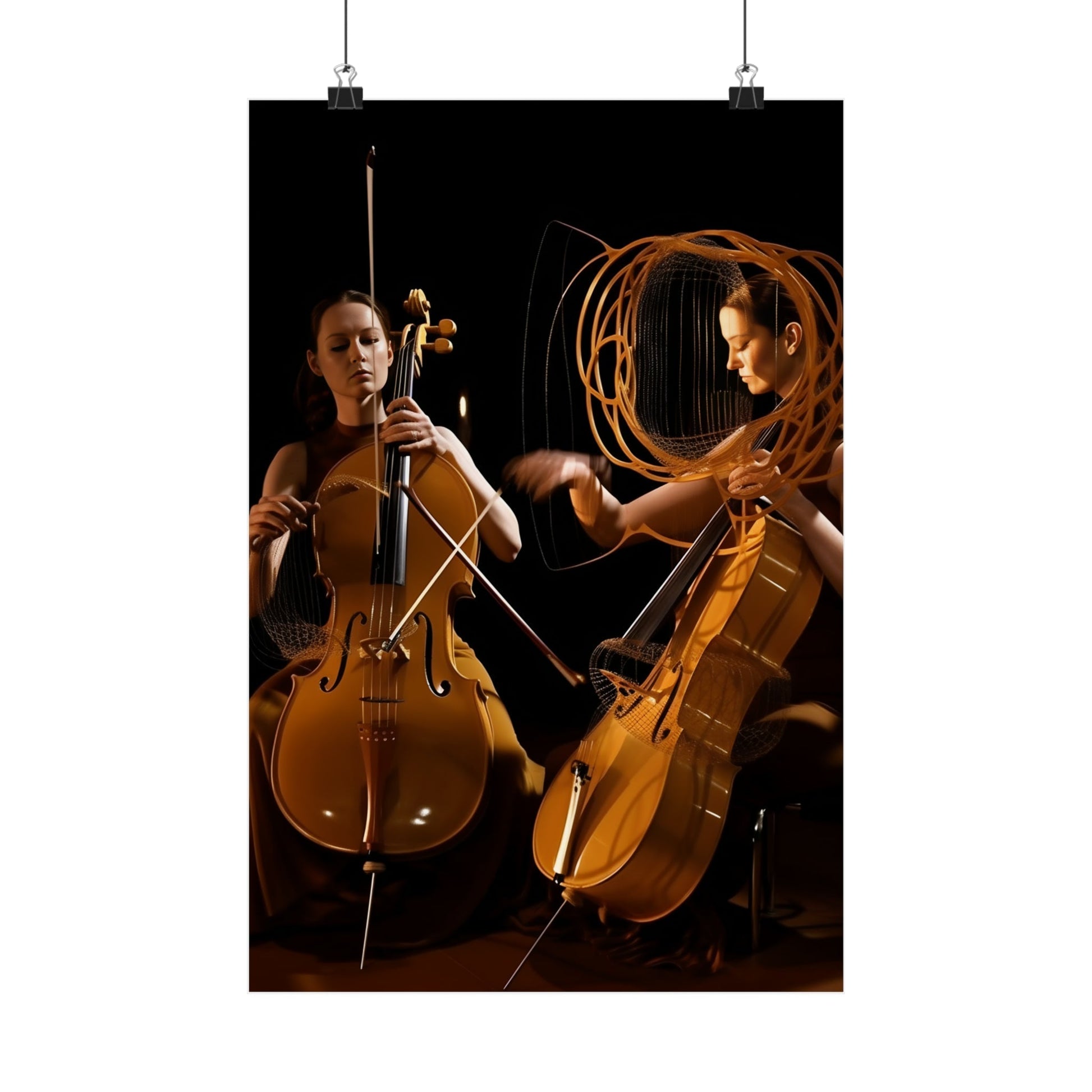 Poster featuring two cellists performing with their instruments against a dark background.