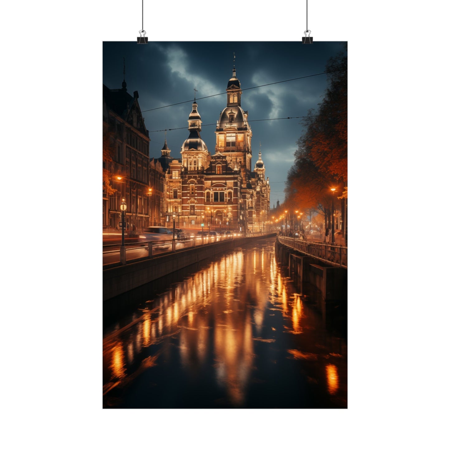 Illuminated ornate building with towers reflected in a canal at night.