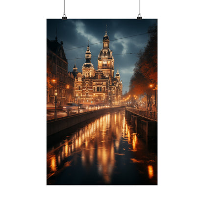 Illuminated ornate building with towers reflected in a canal at night.