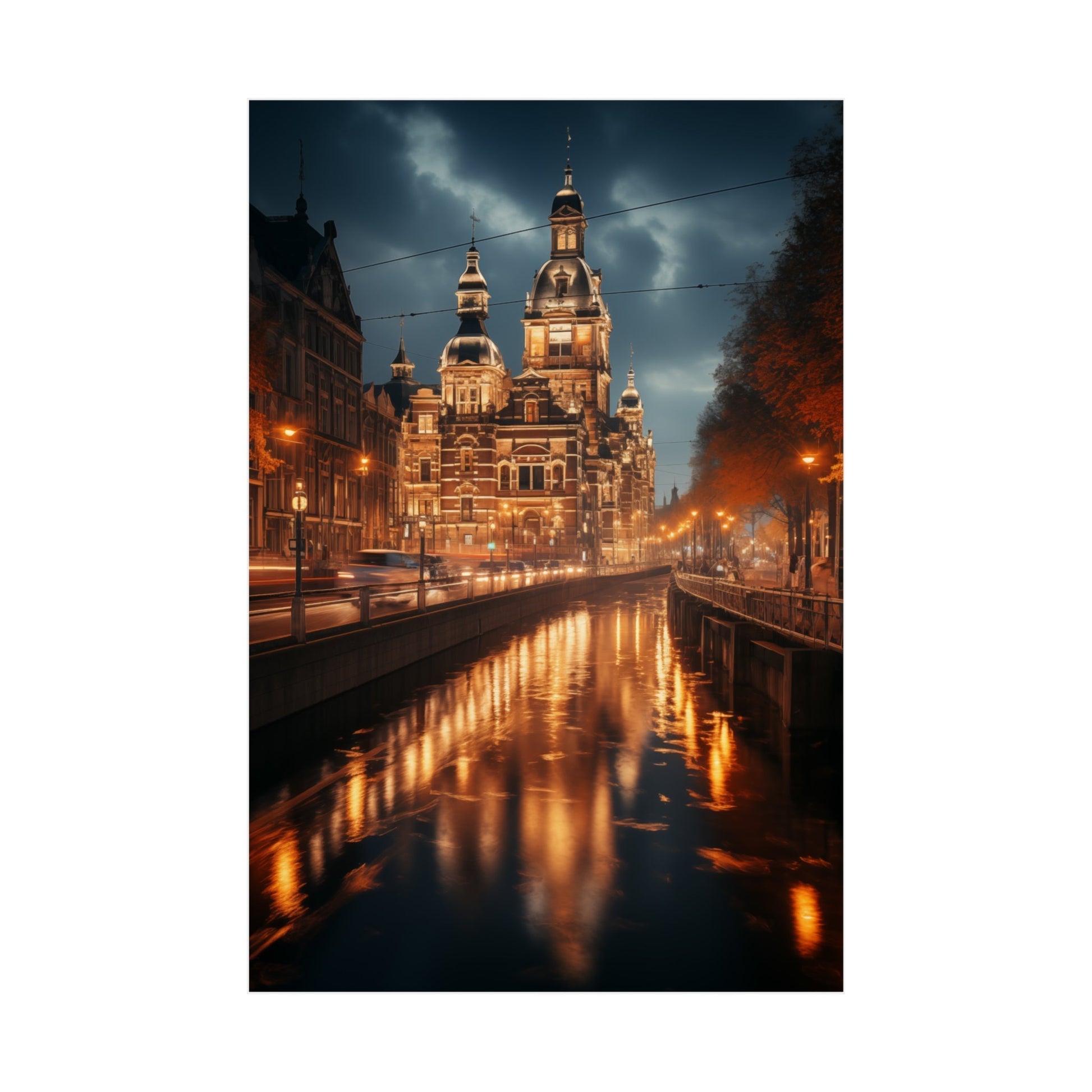 Ornate illuminated church or cathedral with spires reflected in a canal at night.