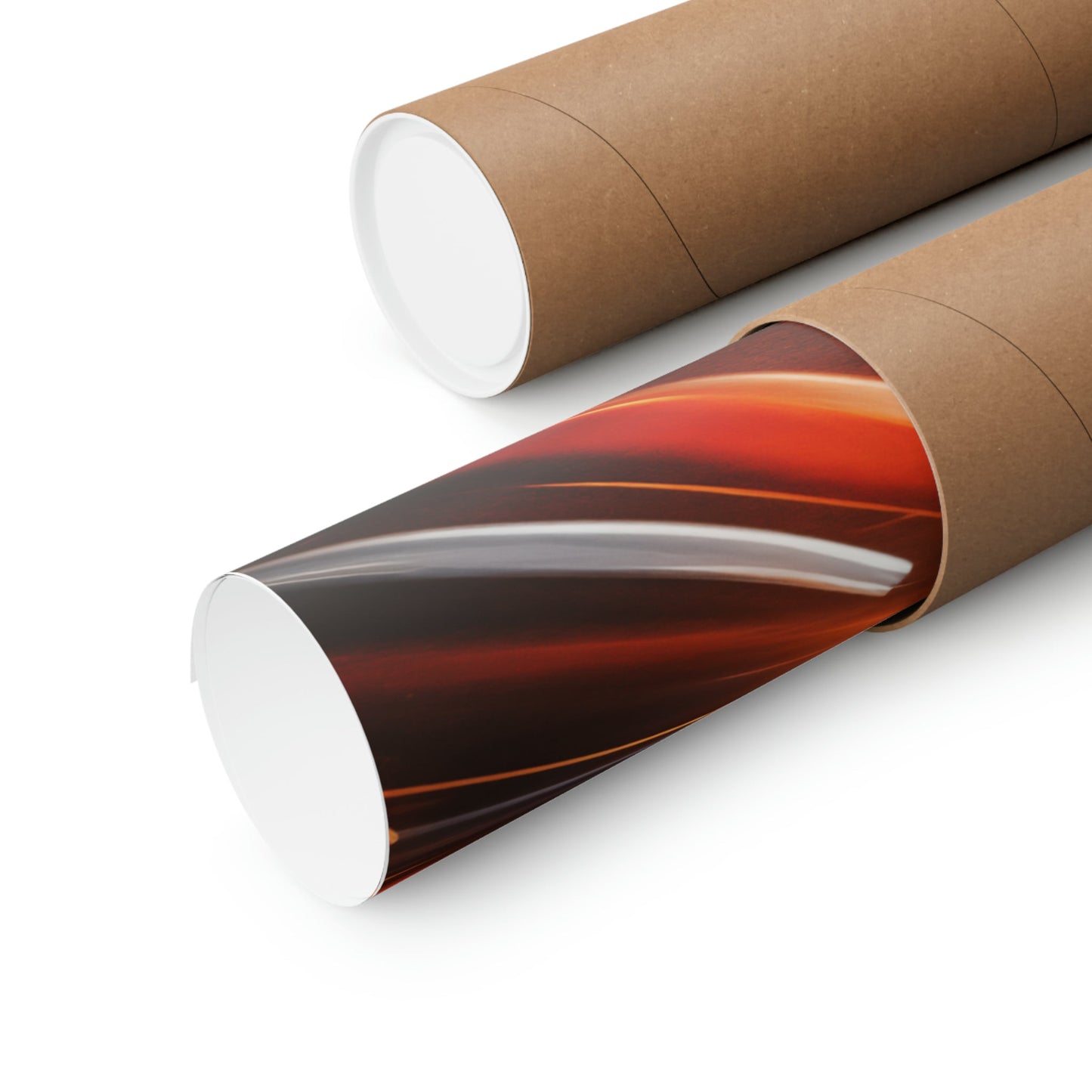 Rolled poster or print with a vibrant red and orange abstract design partially visible.