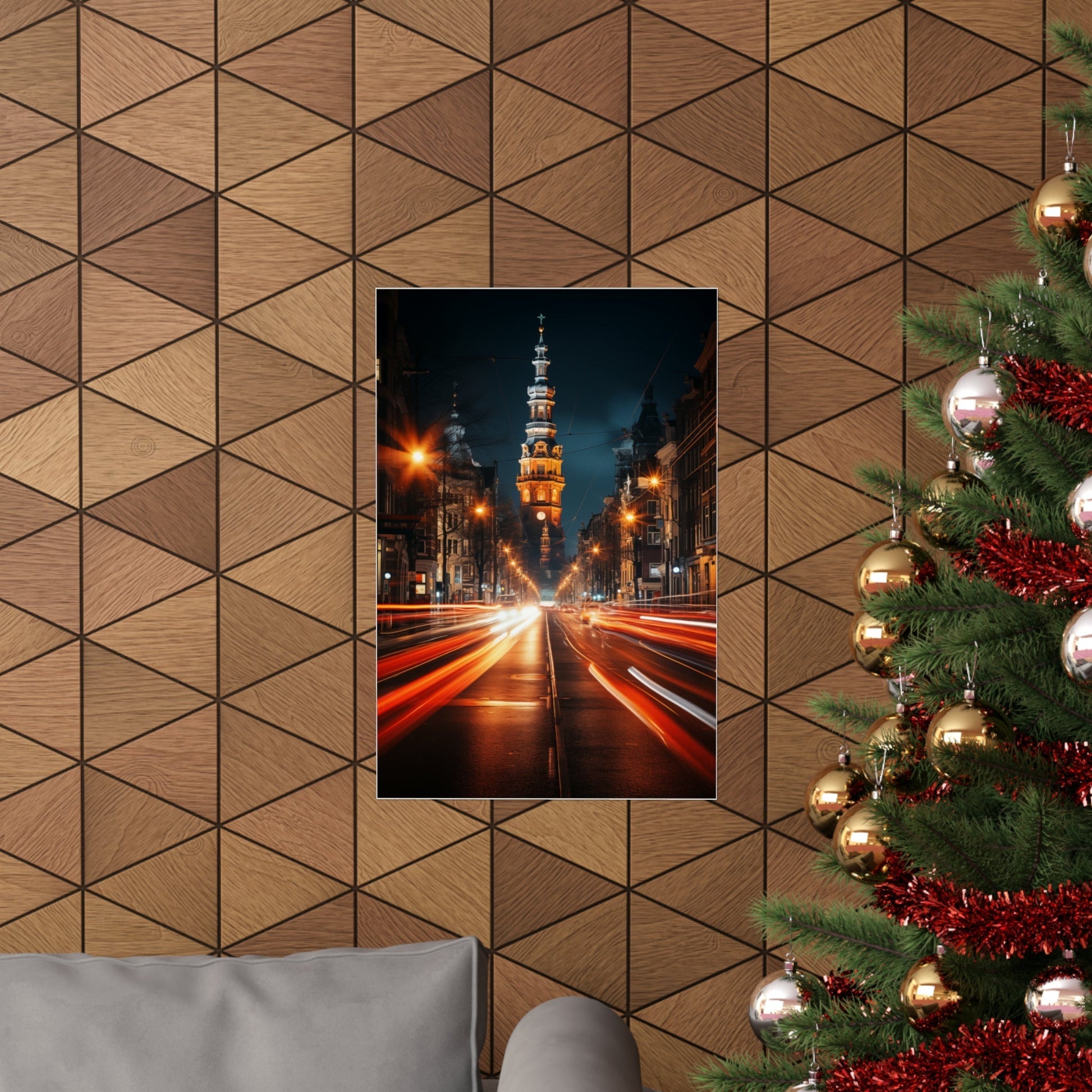 Framed nighttime cityscape photograph featuring a lit tower and streaks of car lights.