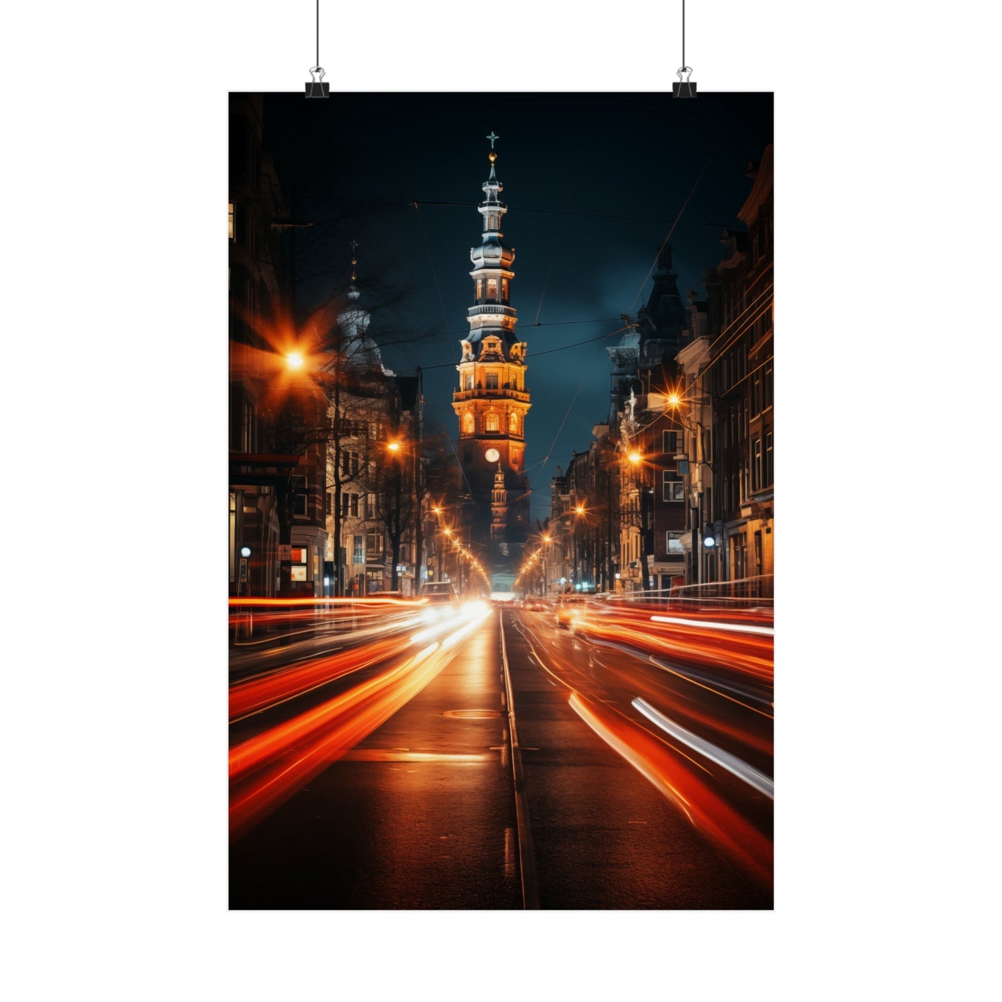 Illuminated tower rising above a city street with streaks of light from traffic.