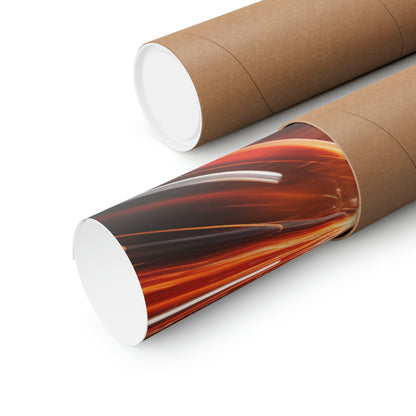 Cardboard tubes or mailing tubes, one partially unrolled to reveal a vibrant red and orange printed design inside.