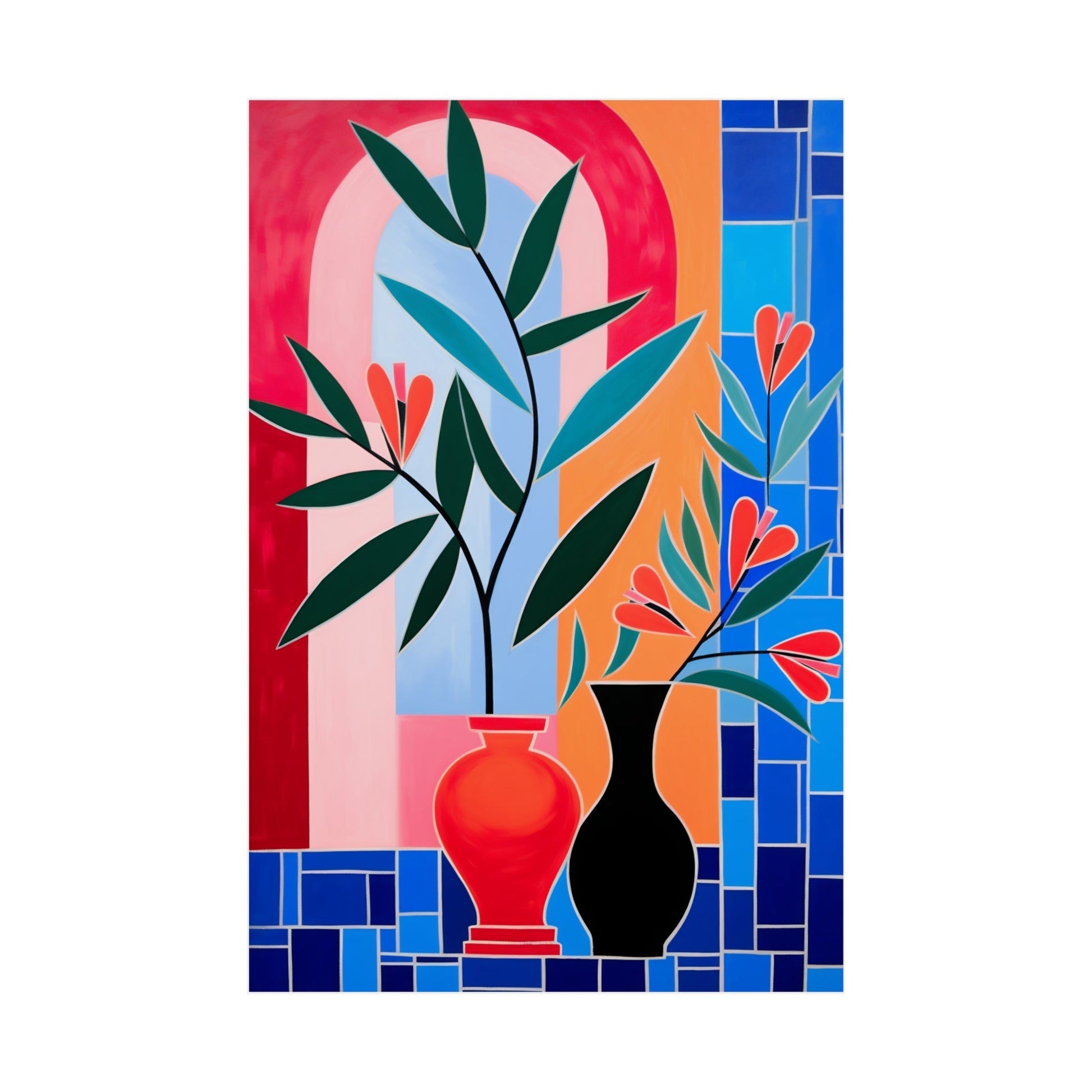 A painting of a vase and a plant