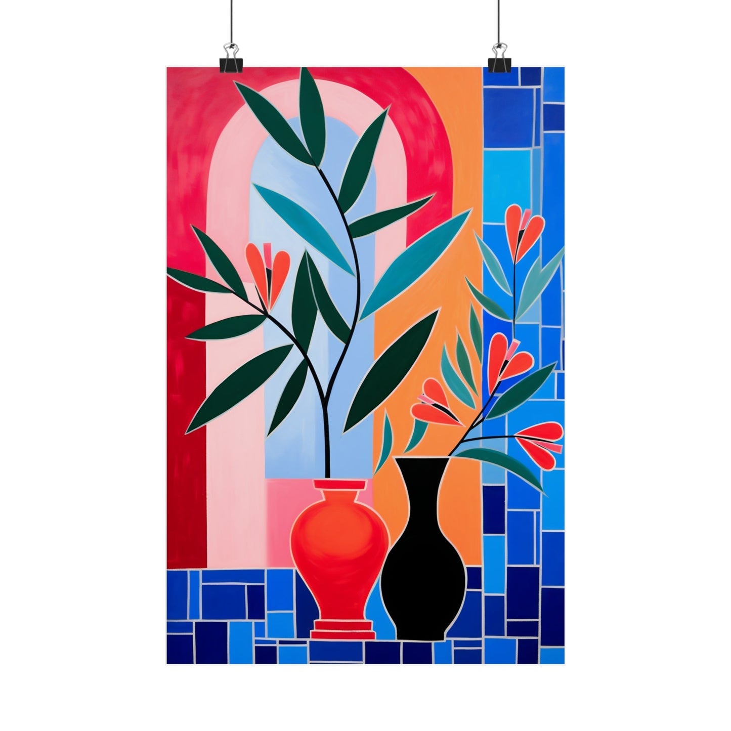 Colorful abstract painting of vases with plants and flowers against a geometric background.