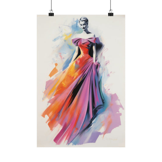 Colorful watercolor-style painting of a woman in an elegant flowing gown.