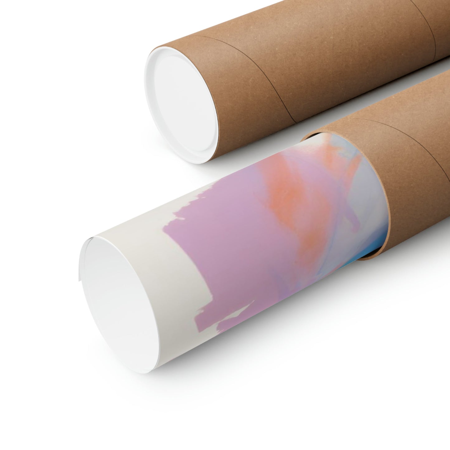 Two rolls of brown paper with a pink and blue design